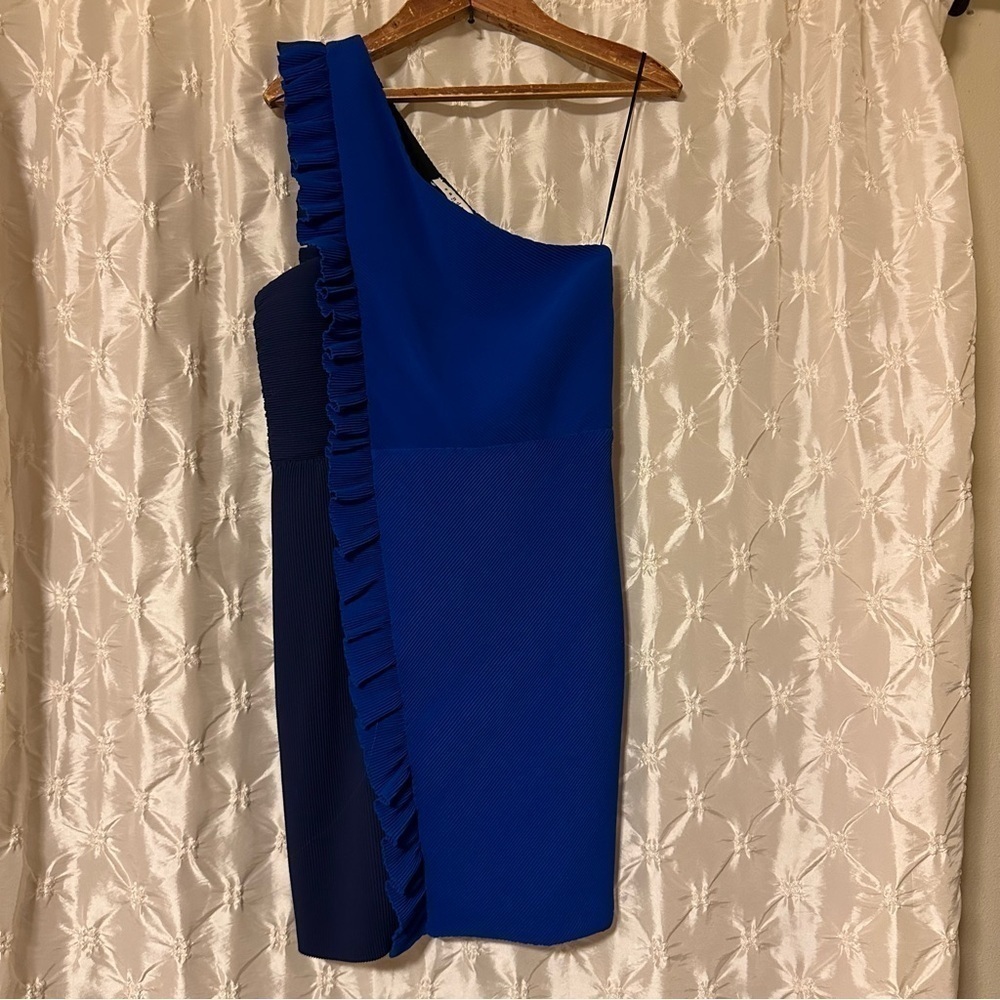 Sandro Rdv Blue One Shoulder Ruffled Crepe Mini Dress - Picture 3 of 14